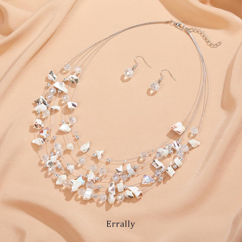 Errally Store Multi-Layer Boho Shell Beaded Necklace for Women Colorful Crystal Strand with Silver Beads Statement Collars Necklace and Earrings Costumes Jewelry Sets for Women - Image 2
